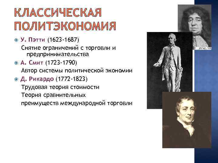 КЛАССИЧЕСКАЯ ПОЛИТЭКОНОМИЯ У. Пэтти (1623 -1687) Снятие ограничений с торговли и предпринимательства А. Смит