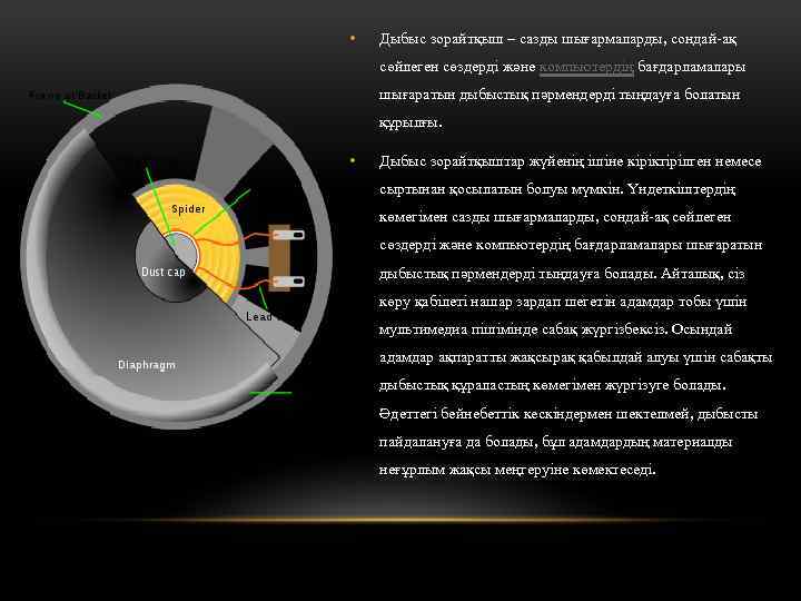  • Дыбыс зорайтқыш – сазды шығармаларды, сондай-ақ сөйлеген сөздерді және компьютердің бағдарламалары шығаратын