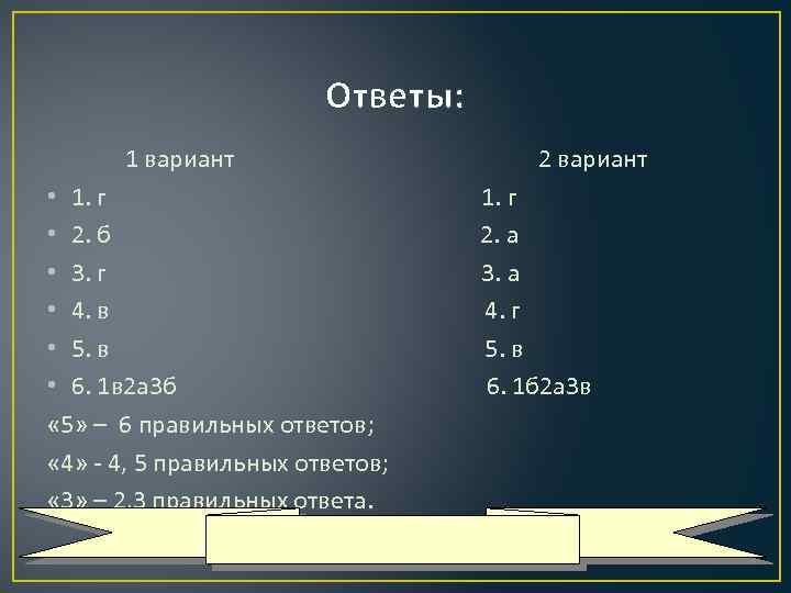 Ответы: 1 вариант 2 вариант • 1. г 1. г • 2. б 2.