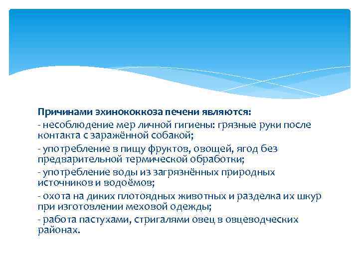 Причинами эхинококкоза печени являются: - несоблюдение мер личной гигиены: грязные руки после контакта с