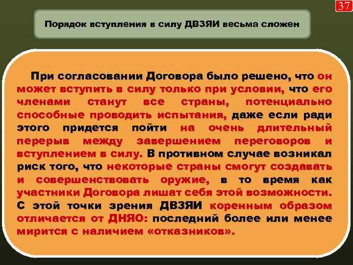 37 Порядок вступления в силу ДВЗЯИ весьма сложен При согласовании Договора было решено, что