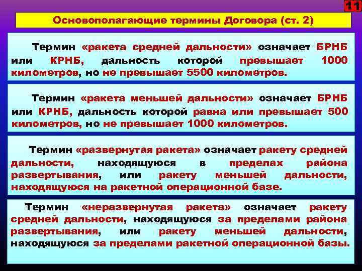 Основополагающие термины Договора (ст. 2) 11 Термин «ракета средней дальности» означает БРНБ или КРНБ,