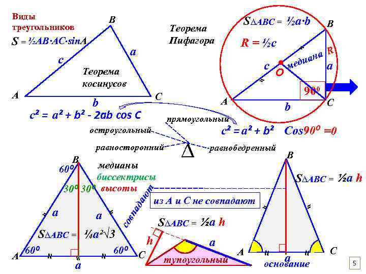 Виды треугольников В S = ½AB∙AC∙sin. A а иан c ● мед О Теорема