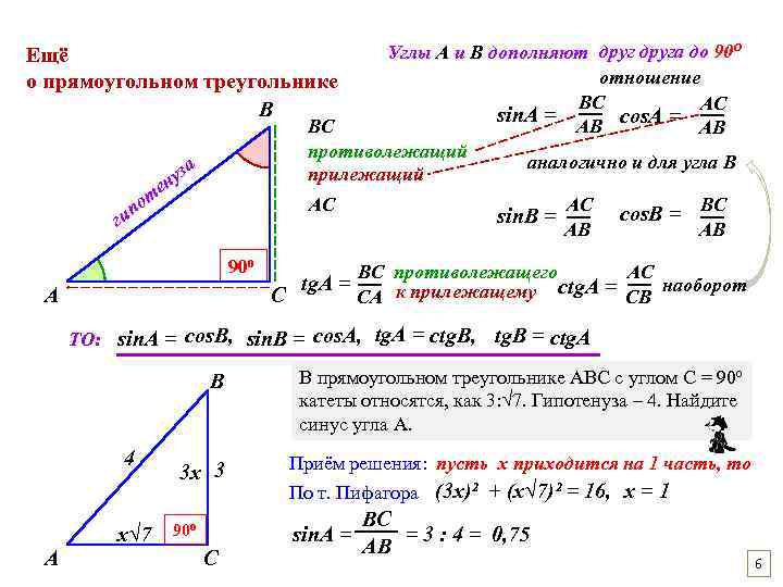 Углы А и В дополняют друга до 90⁰ отношение ВС АС sin. A =