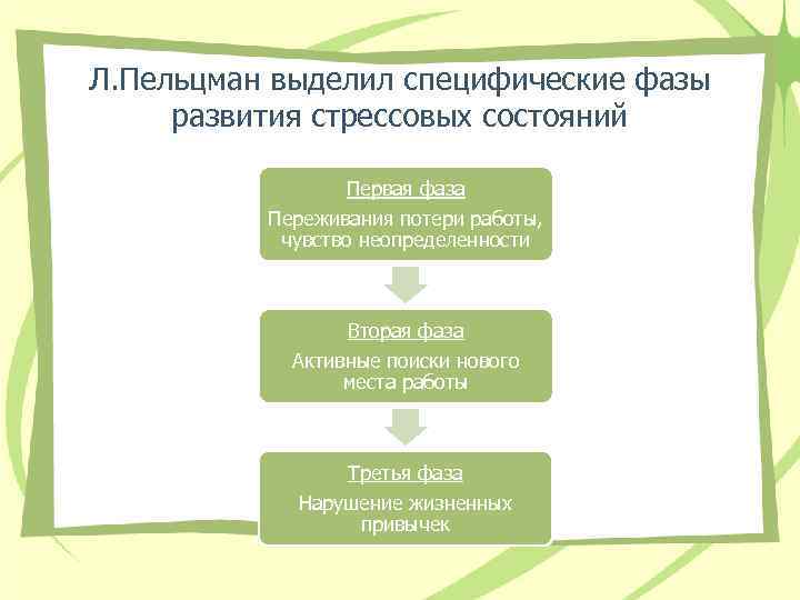 Л. Пельцман выделил специфические фазы развития стрессовых состояний Первая фаза Переживания потери работы, чувство