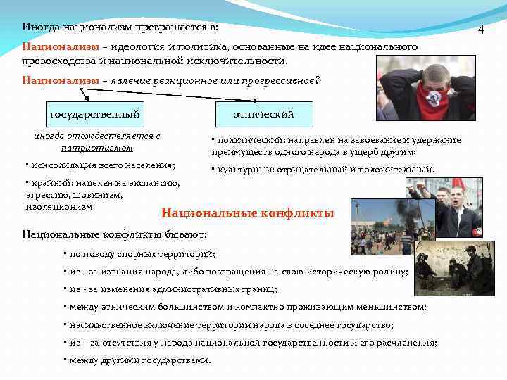 4 Иногда национализм превращается в: Национализм – идеология и политика, основанные на идее национального