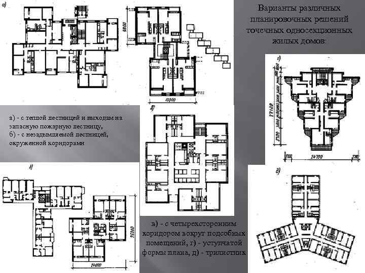 Варианты различных планировочных решений точечных односекционных жилых домов: а) с теплой лестницей и выходам