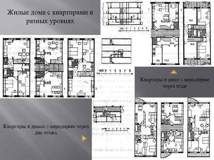 Жилые дома с квартирами в разных уровнях Квартиры в доме с коридором через этаж