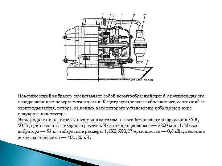 Поверхностный вибратор представляет собой корытообразный щит 6 с ручками для его передвижения по поверхности