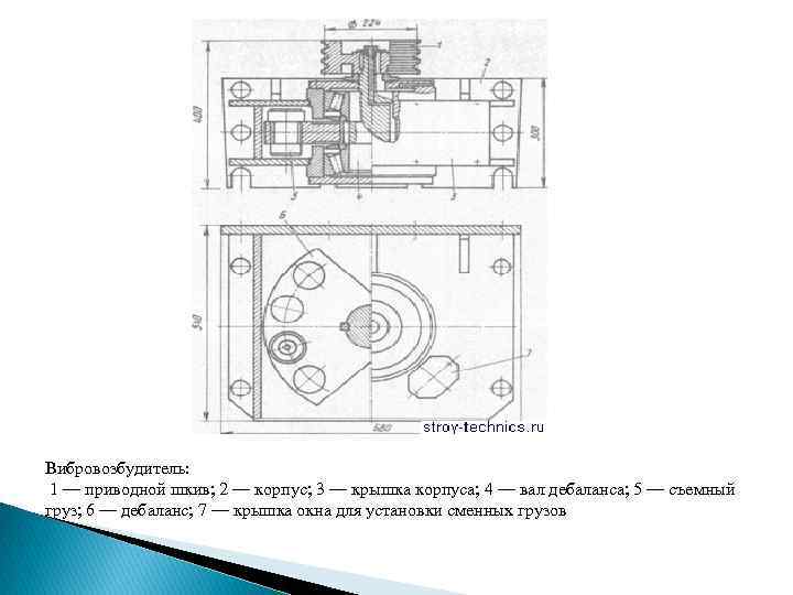 Вибровозбудитель: 1 — приводной шкив; 2 — корпус; 3 — крышка корпуса; 4 —