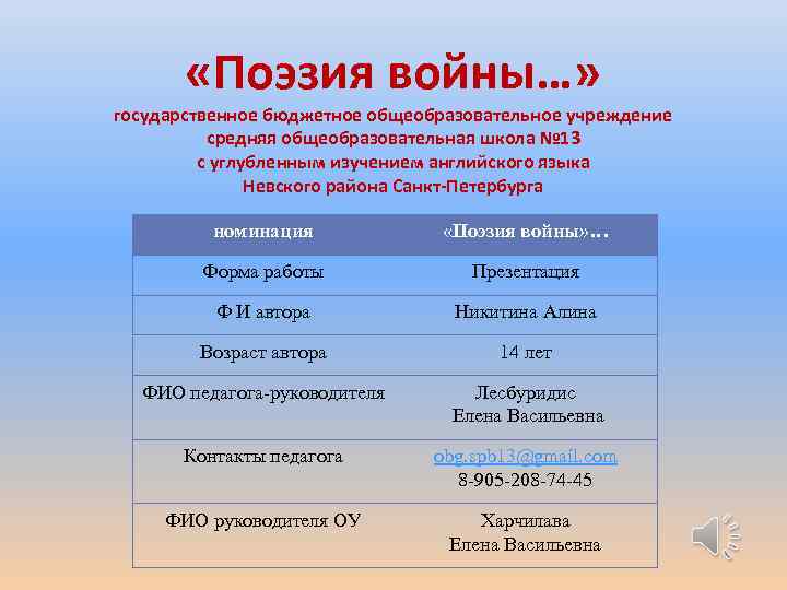  «Поэзия войны…» государственное бюджетное общеобразовательное учреждение средняя общеобразовательная школа № 13 с углубленным