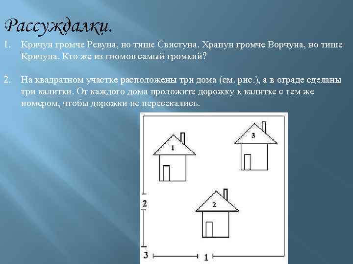 Три находиться. На 1 участке расположены 3 домика. На квадратном участке расположены три дома. На одном участке расположены три домика а в ограде. Нарисуй тропинки так чтобы они не пересекались от домика к калитке.