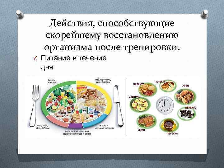 Действия, способствующие скорейшему восстановлению организма после тренировки. O Питание в течение дня 