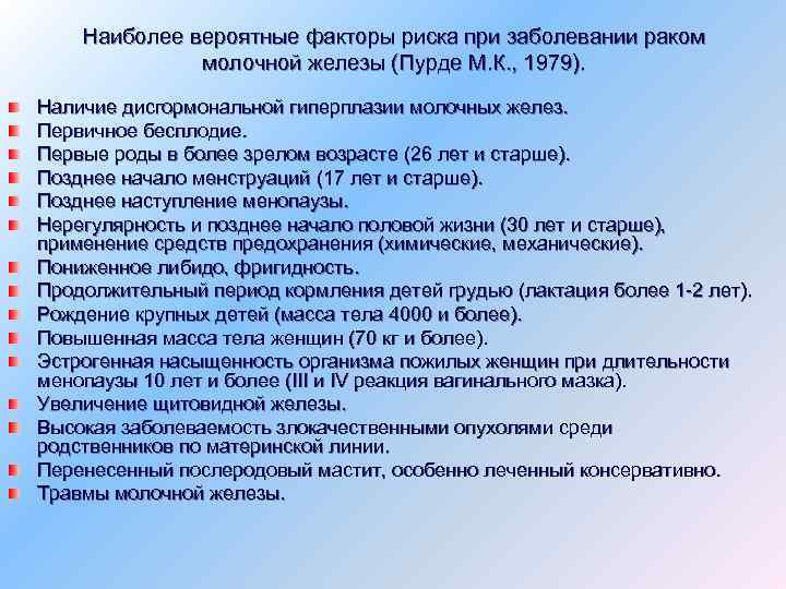 Наиболее вероятные факторы риска при заболевании раком молочной железы (Пурде М. К. , 1979).