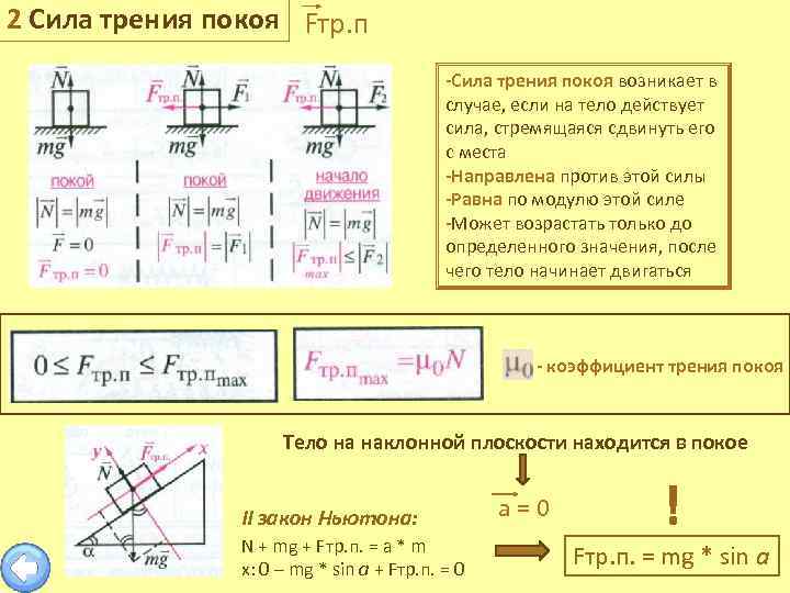 2 Сила трения покоя Fтр. п -Сила трения покоя возникает в случае, если на