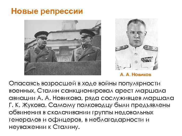 Новые репрессии А. А. Новиков Опасаясь возросшей в ходе войны популярности военных, Сталин санкционировал