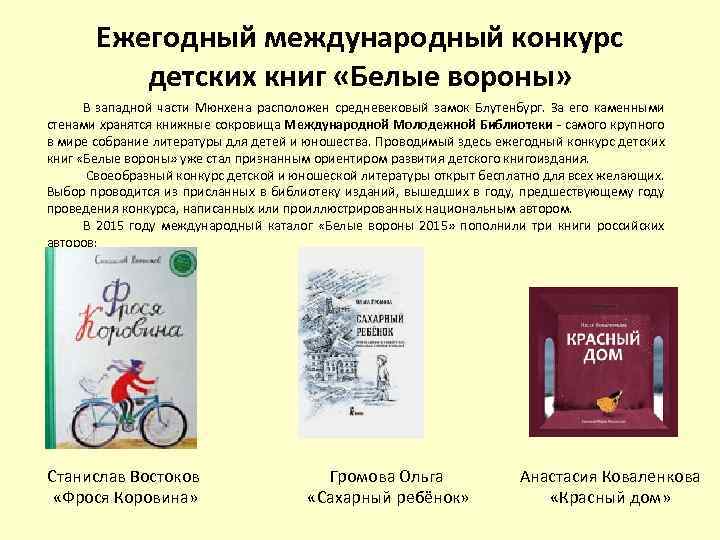 Ежегодный международный конкурс детских книг «Белые вороны» В западной части Мюнхена расположен средневековый замок