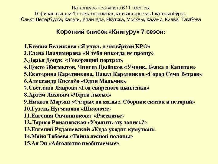 На конкурс поступило 611 текстов. В финал вышли 15 текстов семнадцати авторов из Екатеринбурга,