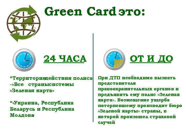 Green Card это: 24 ЧАСА ОТ И ДО *Территория действия полиса При ДТП необходимо