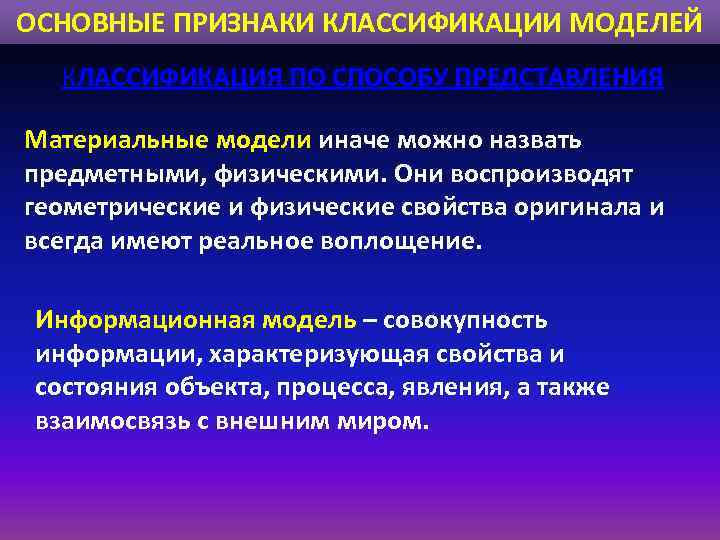 Классификационные признаки модели. Основные признаки классификации моделей. Назвать классификации моделей.