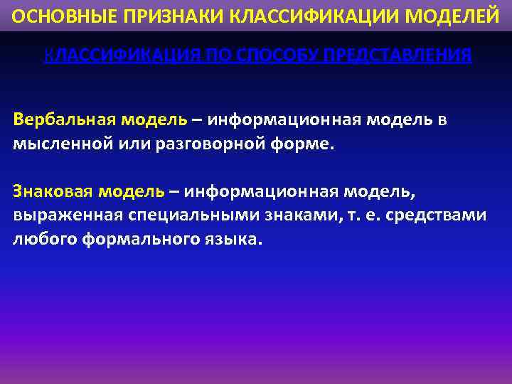 ОСНОВНЫЕ ПРИЗНАКИ КЛАССИФИКАЦИИ МОДЕЛЕЙ КЛАССИФИКАЦИЯ ПО СПОСОБУ ПРЕДСТАВЛЕНИЯ Вербальная модель – информационная модель в