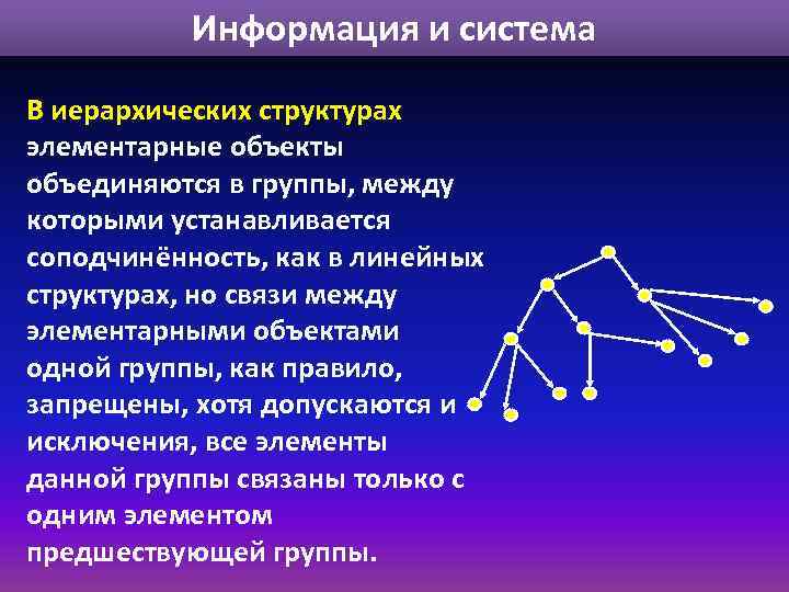 Информация и система В иерархических структурах элементарные объекты объединяются в группы, между которыми устанавливается