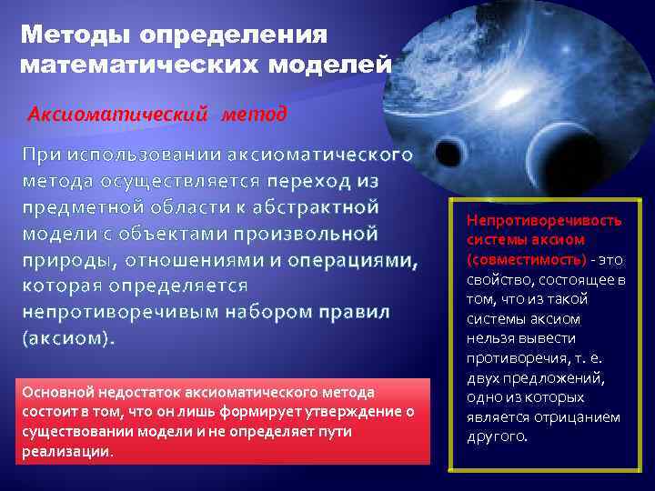 Методы определения математических моделей Аксиоматический метод При использовании аксиоматического метода осуществляется переход из предметной
