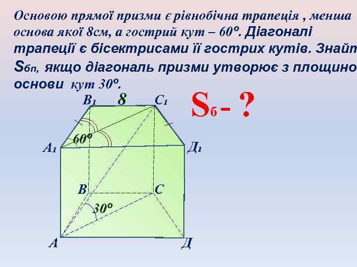 Основою прямої призми є рівнобічна трапеція , менша основа якої 8 см, а гострий