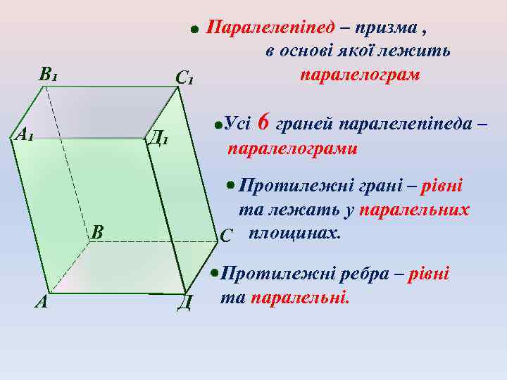 Паралелепіпед – призма , в основі якої лежить паралелограм С₁ В₁ А₁ Усі 6