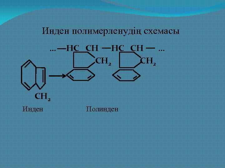 Инден полимерленудің схемасы … НС СН … СН 2 СН 2 Инден Полинден 