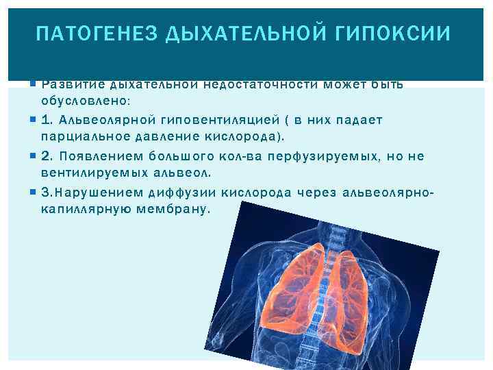 ПАТОГЕНЕЗ ДЫХАТЕЛЬНОЙ ГИПОКСИИ Развитие дыхательной недостаточности может быть обусловлено: 1. Альвеолярной гиповентиляцией ( в