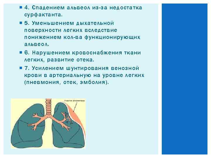  4. Спадением альвеол из-за недостатка сурфактанта. 5. Уменьшением дыхательной поверхности легких вследствие понижением