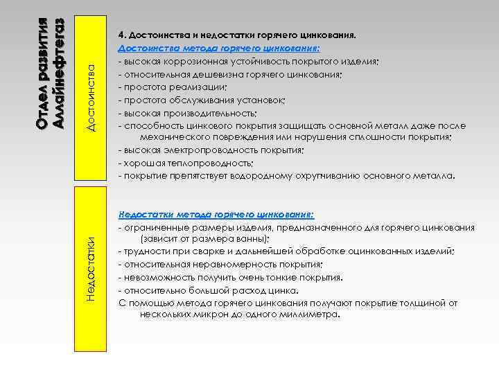 Достоинства Недостатки Отдел развития Аллайнефтегаз 4. Достоинства и недостатки горячего цинкования. Достоинства метода горячего