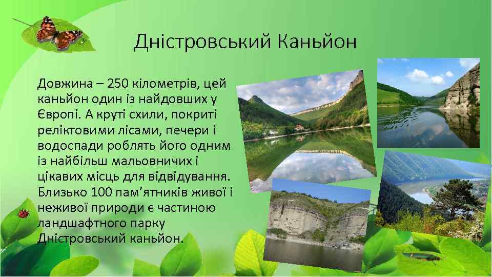 Дністровський Каньйон Довжина – 250 кілометрів, цей каньйон один із найдовших у Європі. А