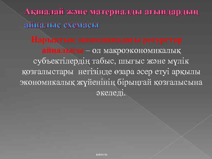 Ақшалай және материалды ағындардың айналыс схемасы Нарықтық экономикадағы ресурстар айналысы – ол макроэкономикалық субъектілердің