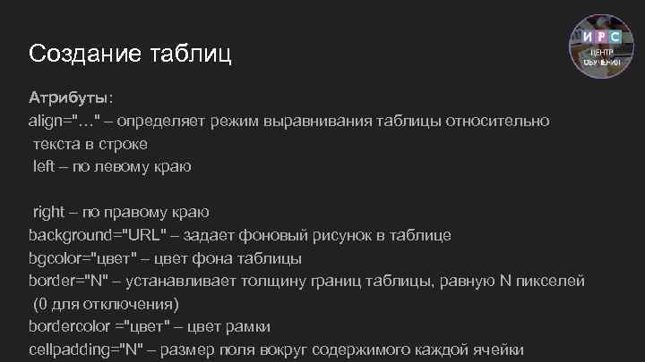 Создание таблиц Атрибуты: align="…" – определяет режим выравнивания таблицы относительно текста в строке left