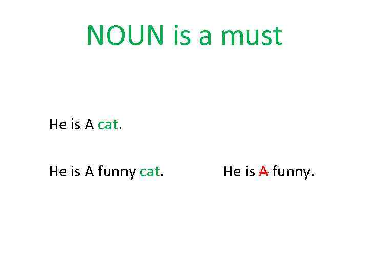 NOUN is a must He is A cat. He is A funny cat. He