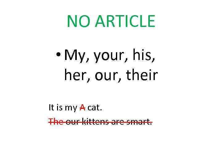 NO ARTICLE • My, your, his, her, our, their It is my A cat.