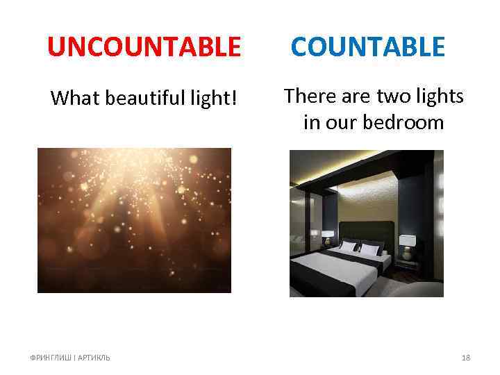 UNCOUNTABLE What beautiful light! There are two lights in our bedroom ФРИНГЛИШ I АРТИКЛЬ