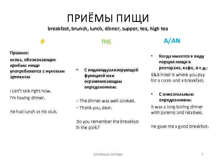 ПРИЁМЫ ПИЩИ breakfast, brunch, lunch, dinner, supper, tea, high tea ø Правило: слова, обозначающие