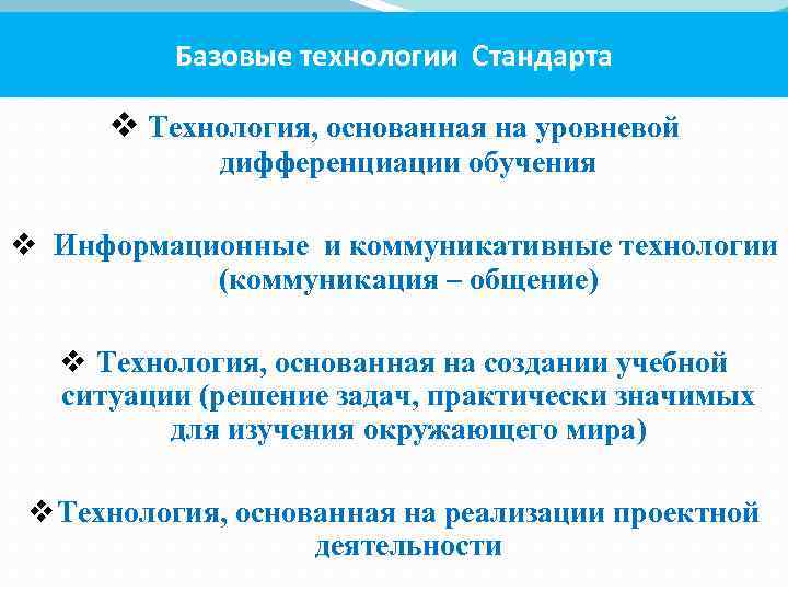 Базовые технологии Стандарта Технология, основанная на уровневой дифференциации обучения Информационные и коммуникативные технологии (коммуникация