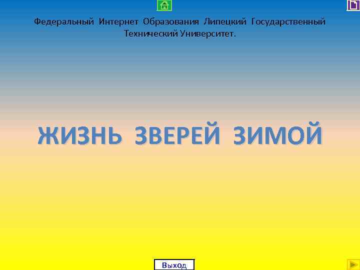 Федеральный Интернет Образования Липецкий Государственный Технический Университет. ЖИЗНЬ ЗВЕРЕЙ ЗИМОЙ Выход 