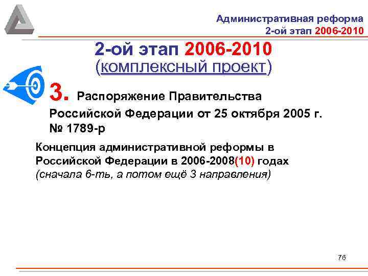 Административная реформа 2 -ой этап 2006 -2010 (комплексный проект) 3. Распоряжение Правительства Российской Федерации