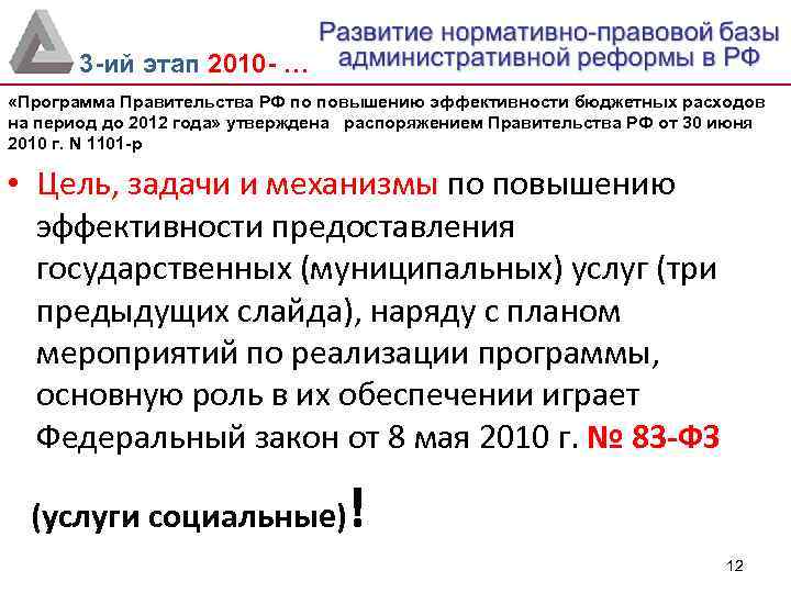 3 -ий этап 2010 - … «Программа Правительства РФ по повышению эффективности бюджетных расходов