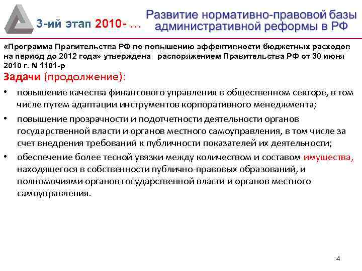 3 -ий этап 2010 - … «Программа Правительства РФ по повышению эффективности бюджетных расходов