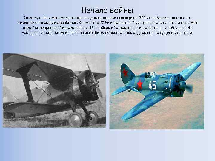 Начало войны К началу войны мы имели в пяти западных пограничных округах 304 истребителя