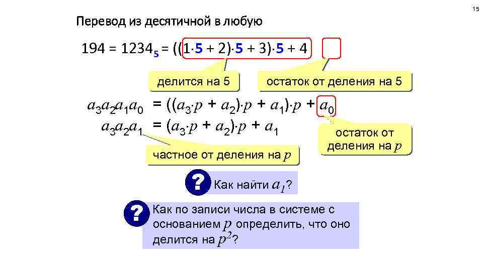 15 Перевод из десятичной в любую 194 = 12345 = ((1 5 + 2)