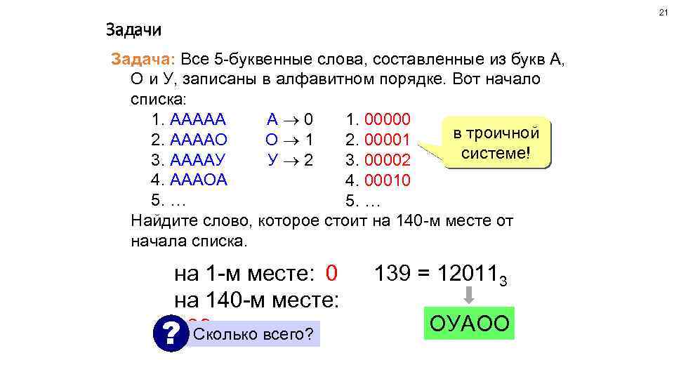 21 Задачи Задача: Все 5 -буквенные слова, составленные из букв А, О и У,