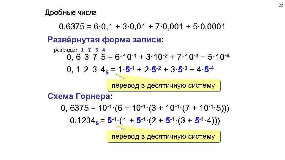 22 Дробные числа 0, 6375 = 6· 0, 1 + 3· 0, 01 +