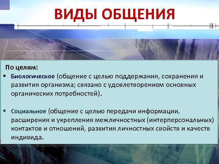 ВИДЫ ОБЩЕНИЯ По целям: § Биологическое (общение с целью поддержания, сохранения и развития организма;